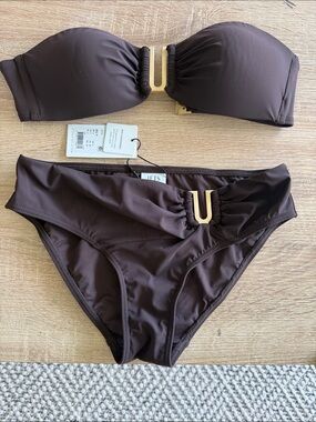 Strapless Brown Bikini Set with Gold Accent
